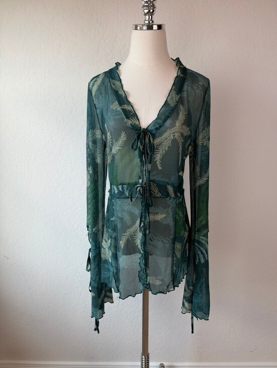 SHEIN Tops - SHEIN Sheer Mesh Floral Tie Top Long Sleeve Green Whimsigoth Fairy size Medium
